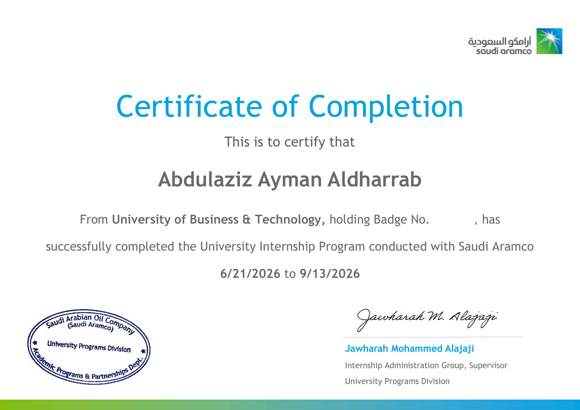 Saudi Aramco Certificate of Completion for Abdulaziz Ayman Aldharrab’s University Internship Program