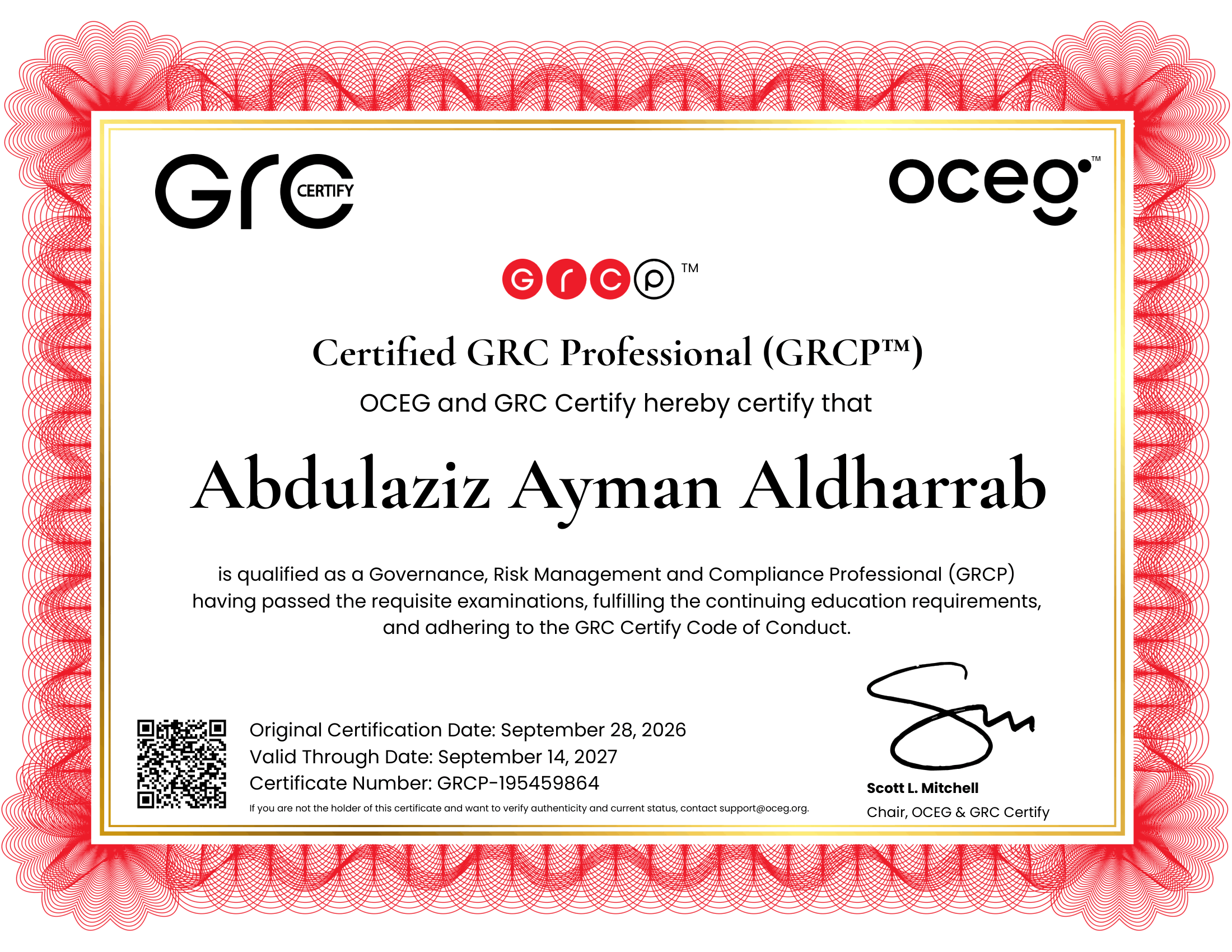 Certified GRC Professional certificate issued to Abdulaziz Ayman Aldharrab