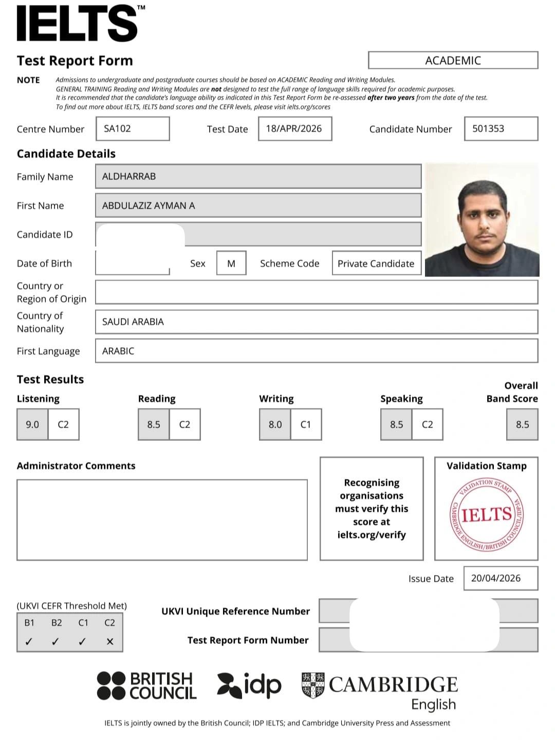 IELTS report for Abdulaziz Ayman Aldharrab. Partially redacted for privacy
