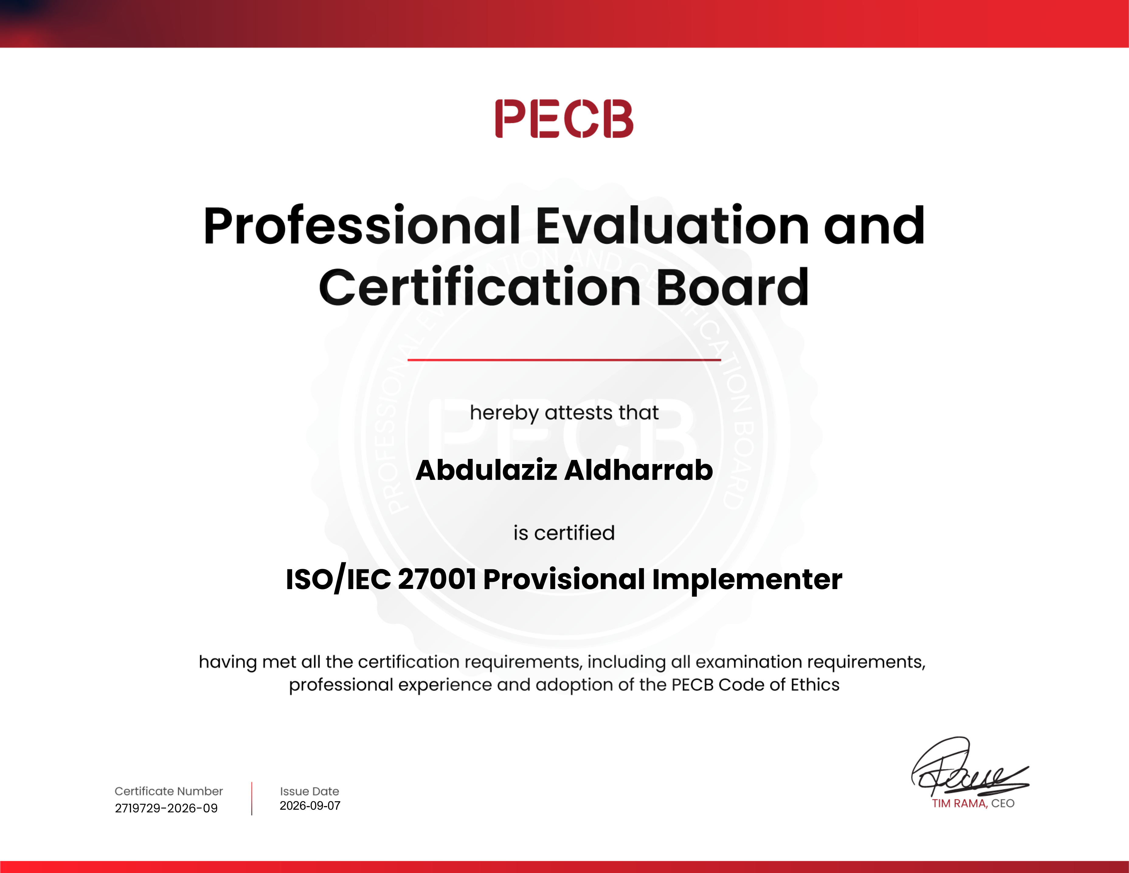 PECB ISO27001 Provisional Implementer certification issued to Abdulaziz Aldharrab