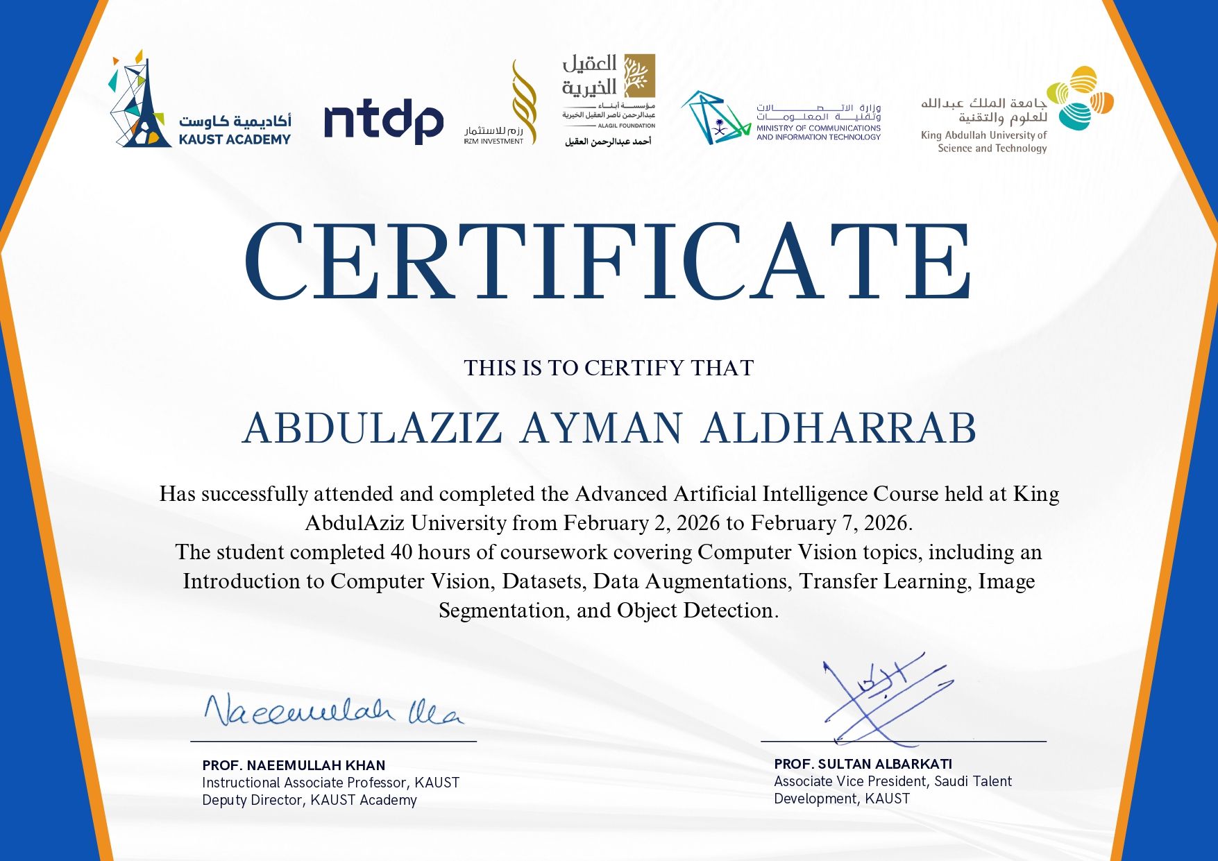 KAUST Advanced Artificial Intelligence Course Completion Certificate