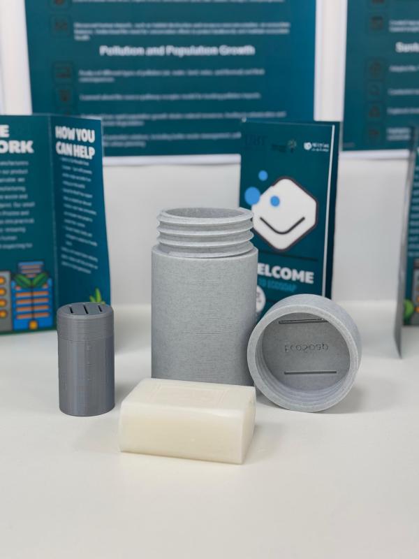 The 3D-printed EcoSoap container and solid soap components