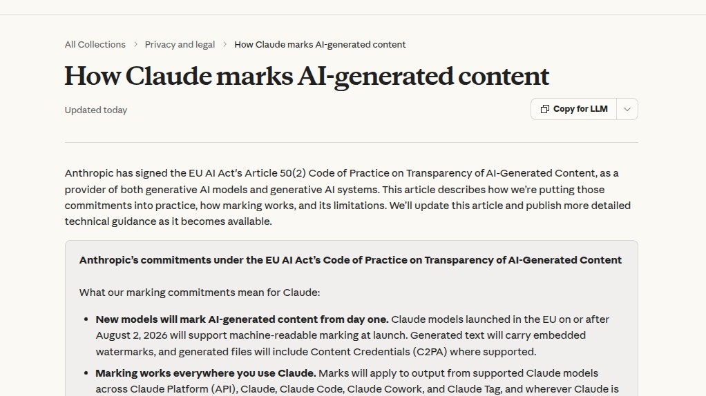 Anthropic help article explaining how Claude marks AI-generated content under the EU AI Act